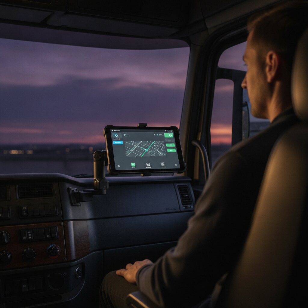 Driver in a semi-truck cab using the Traxelio app on a tablet at dusk