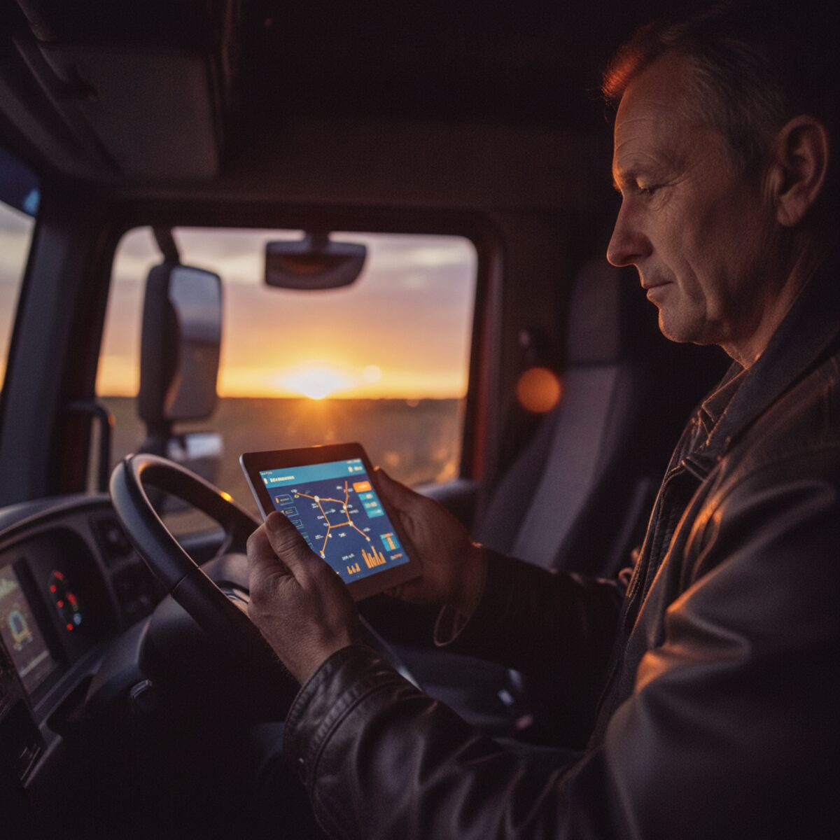 Truck driver using the Traxelio ELD app on a smartphone in a semi-truck cab