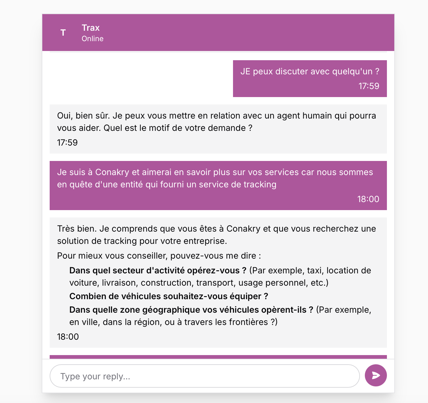 Trax asking the customer about their industry, fleet size, and operating region