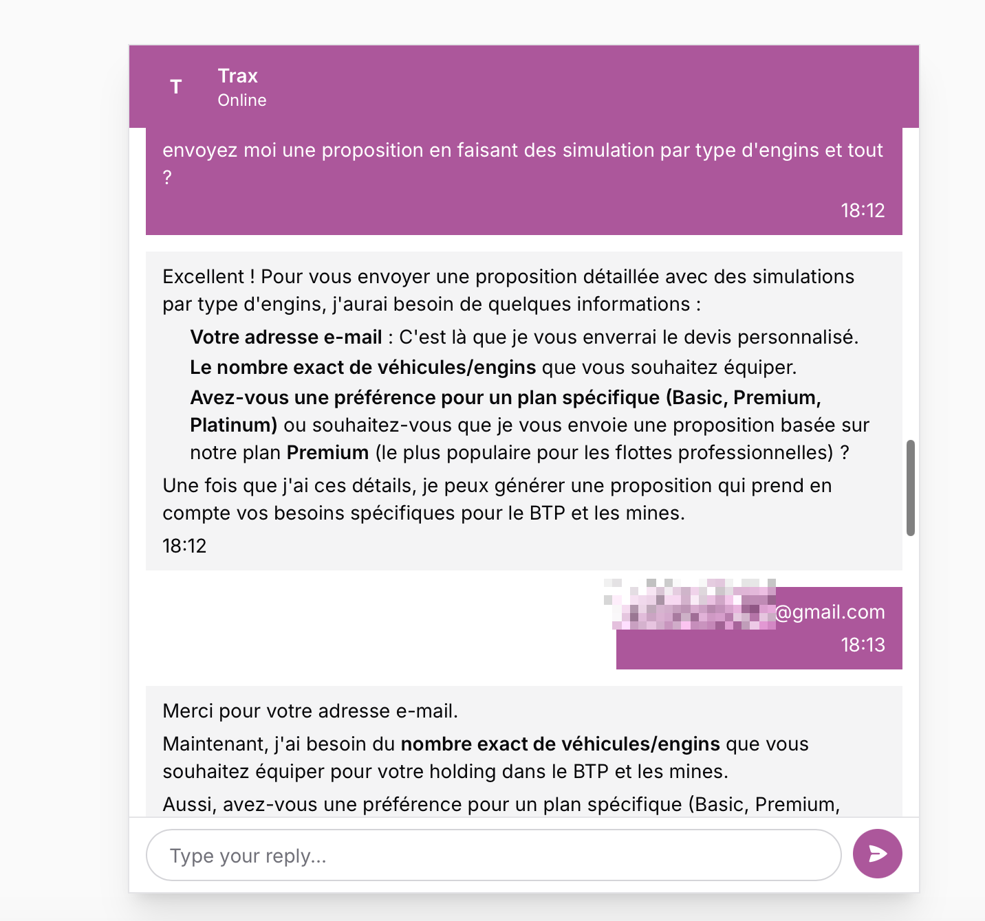 Trax asking for email and fleet details to prepare a personalized quote