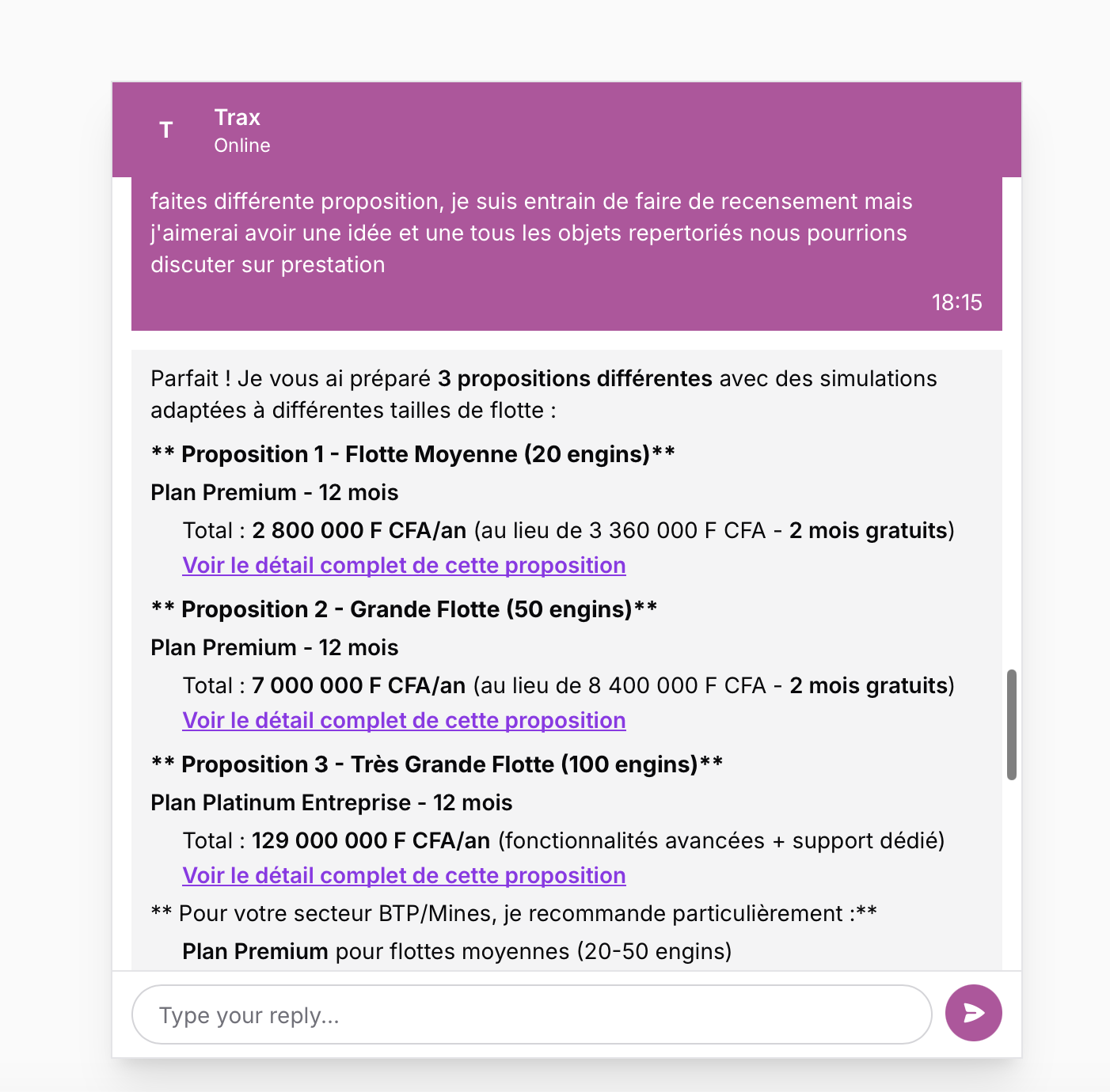 Trax presenting 3 fleet proposals with pricing and shareable quote links
