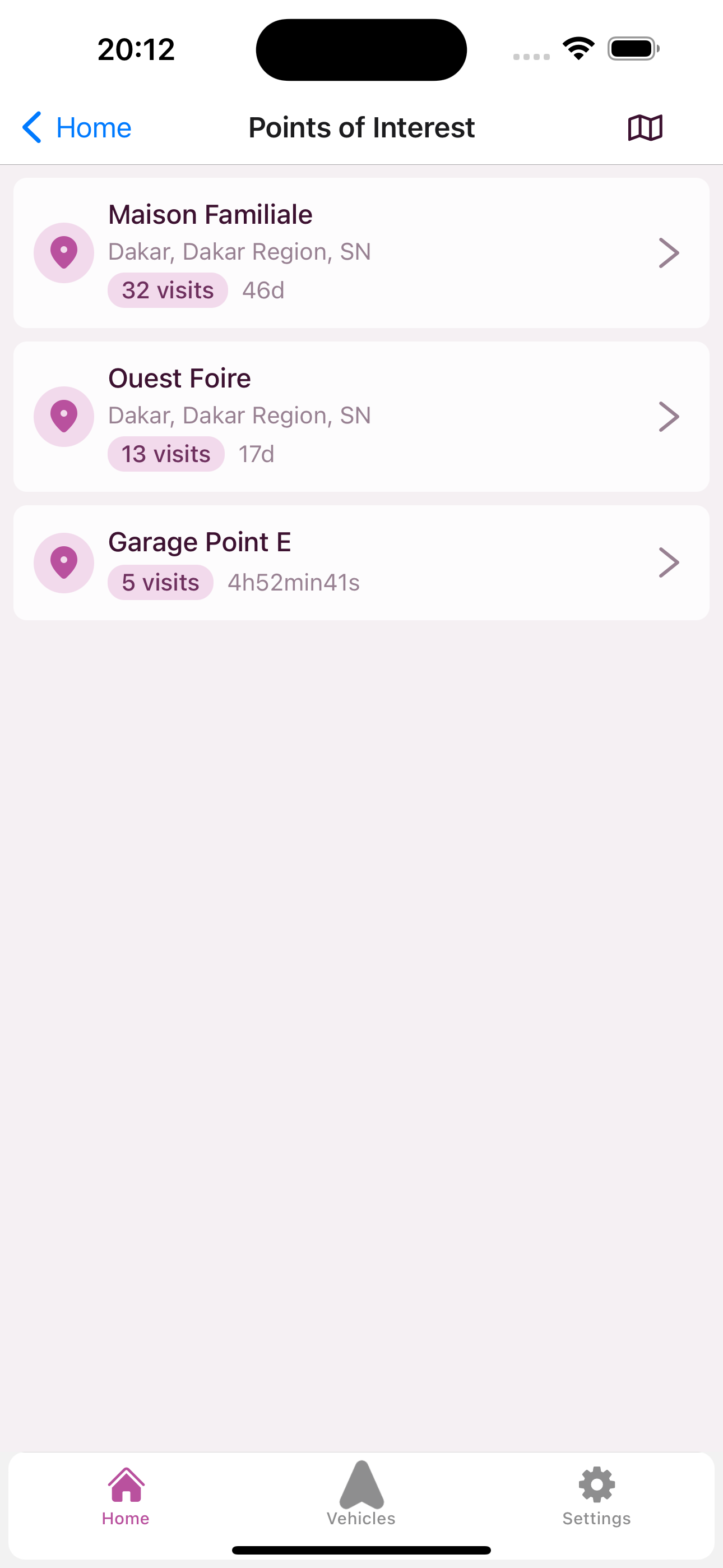 List of detected POIs