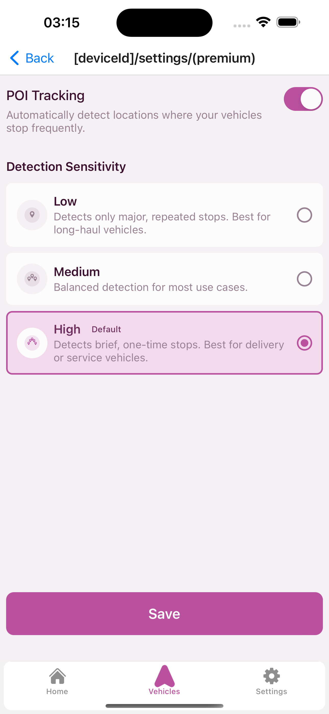 POI Detection settings with sensitivity levels