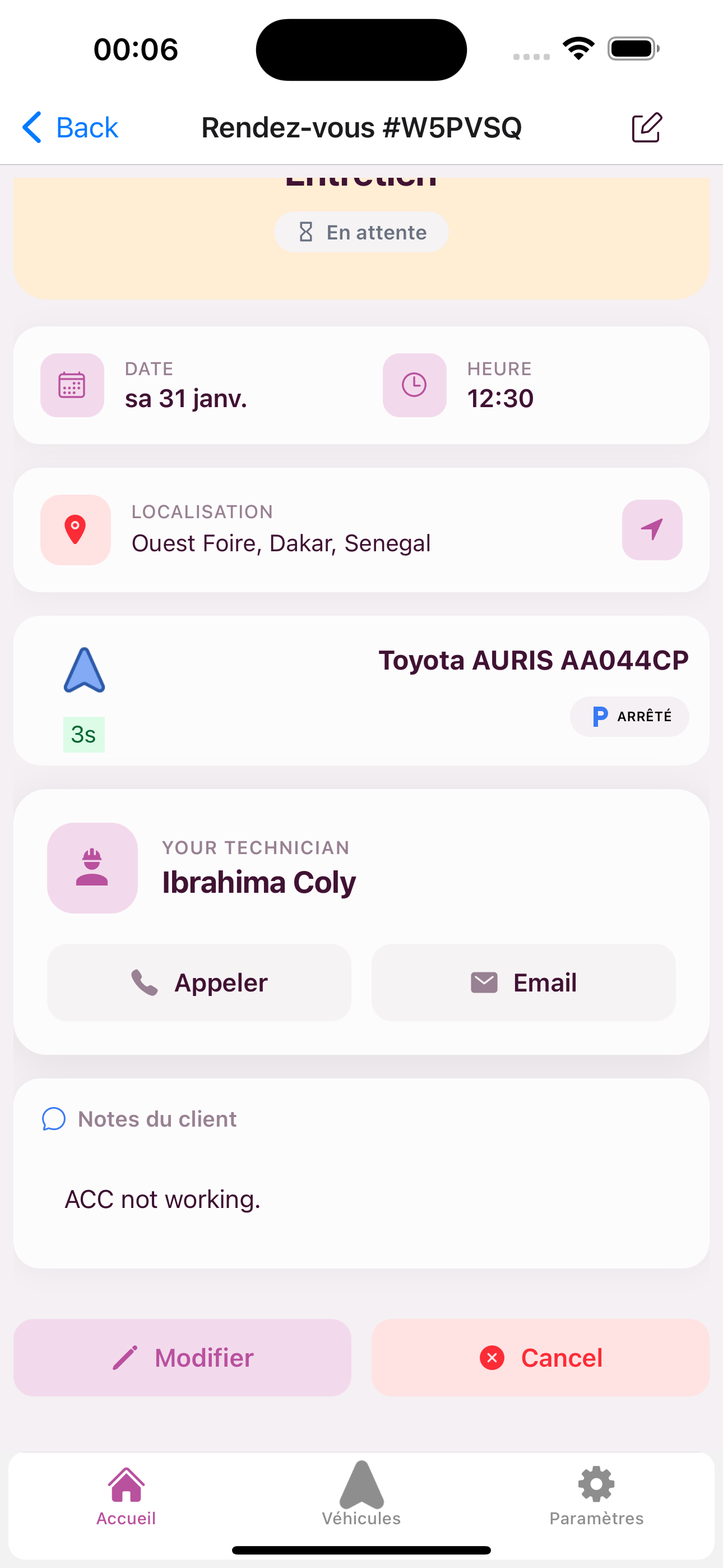 Appointment detail showing confirmation status