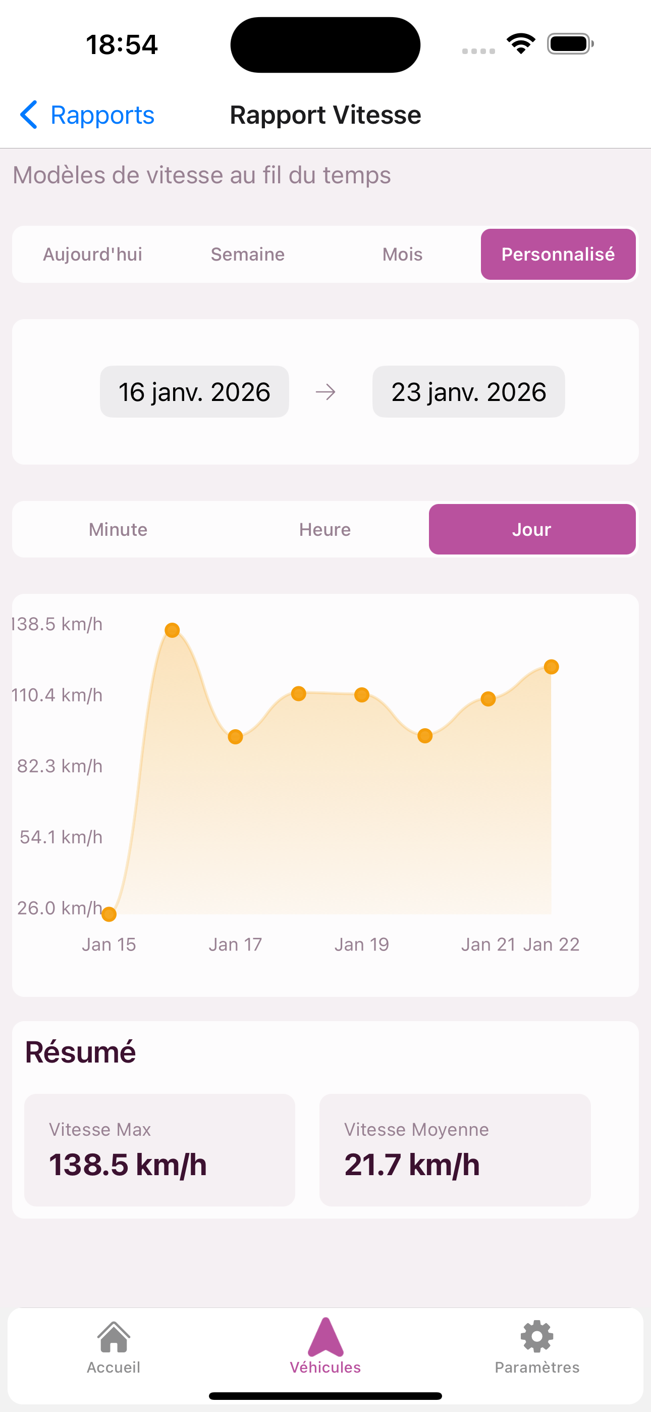 Speed report showing max and average speed across trip segments