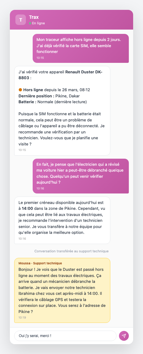 Client dépannant un appareil hors ligne avec Trax, qui diagnostique un problème de câblage et transfère au support technique pour planifier une visite le jour même