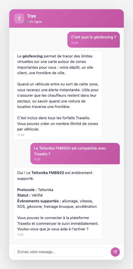 Client demandant ce qu'est le géofencing et vérifiant si un Teltonika FMB920 est compatible
