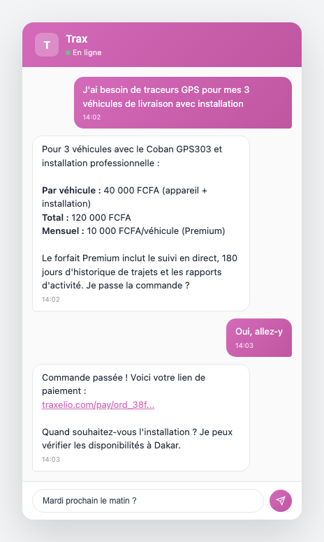 Client commandant 3 traceurs GPS avec installation, Trax calculant le total et passant la commande