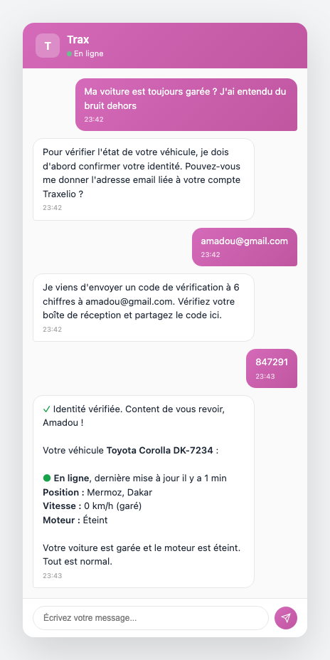 Client demandant l'état de son véhicule la nuit, Trax vérifiant l'identité par code email, puis affichant le statut de l'appareil