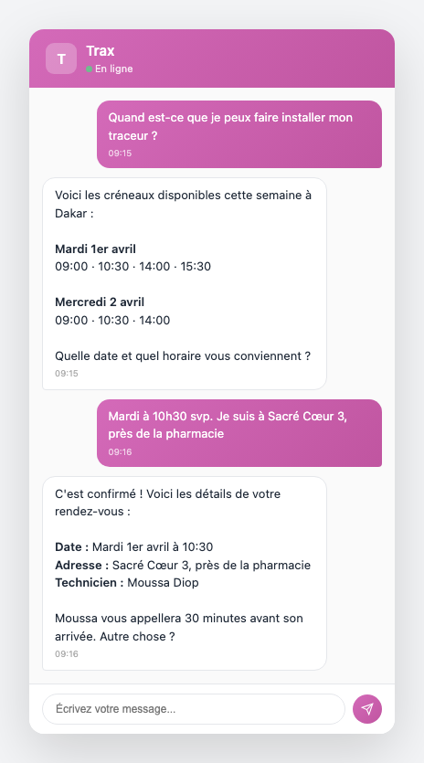 Client planifiant une installation GPS, Trax affichant les créneaux disponibles et confirmant le rendez-vous avec le nom du technicien