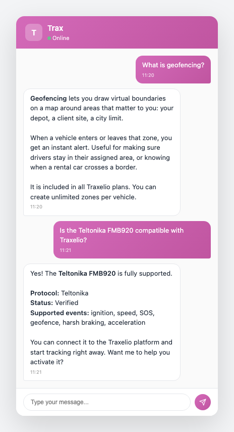 Customer asking what geofencing means and checking if a Teltonika FMB920 is compatible