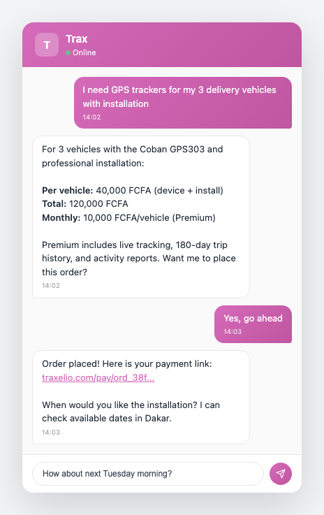 Customer ordering 3 GPS trackers with installation, Trax calculating total and placing the order