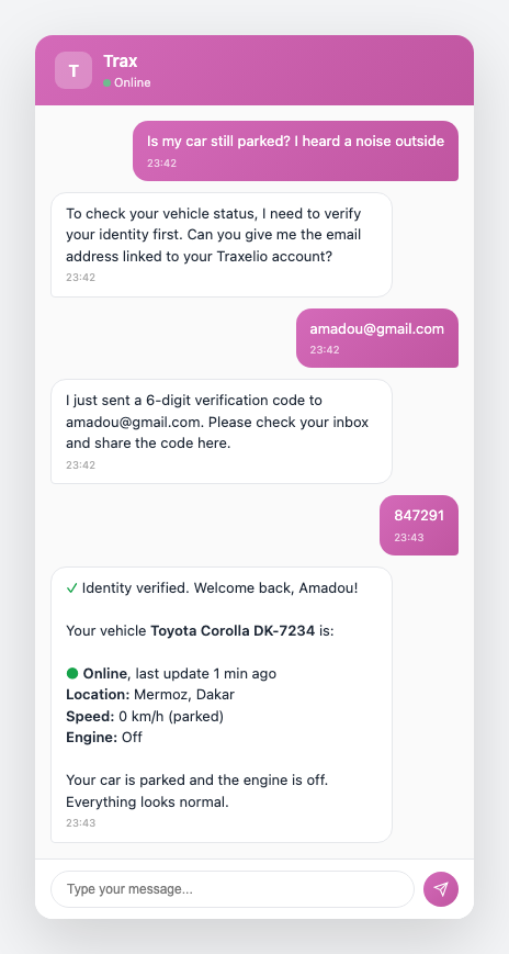 Customer asking about their vehicle at night, Trax verifying identity via email code, then showing device status
