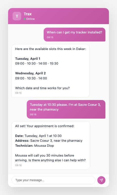 Customer scheduling a GPS installation, Trax showing available time slots and confirming the appointment with technician name