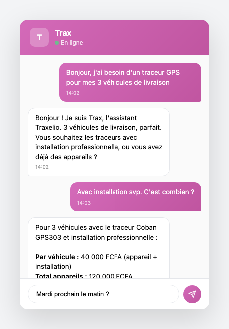 Widget de chat Trax montrant un client qui commande des traceurs GPS pour sa flotte de livraison