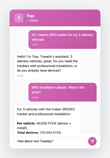 Trax chat widget showing a customer ordering GPS trackers for their delivery fleet